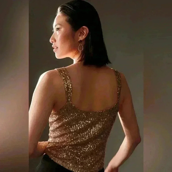 NWT By Anthropologie Cowl-Neck Sequin Camisole Party Tank Gold Size Small - Picture 3 of 13